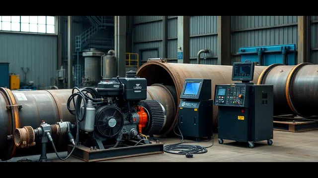 Engine-driven welding machine and ultrasonic test equipment set up beside a large pipe section